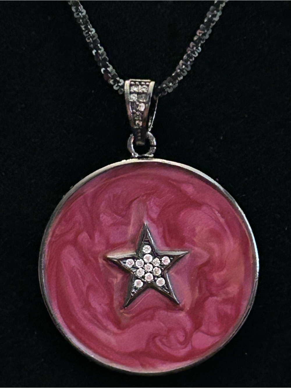 Red Enamel Star Pendant Necklace w/Crystals and 24 inch Black Popcorn Neck Chain